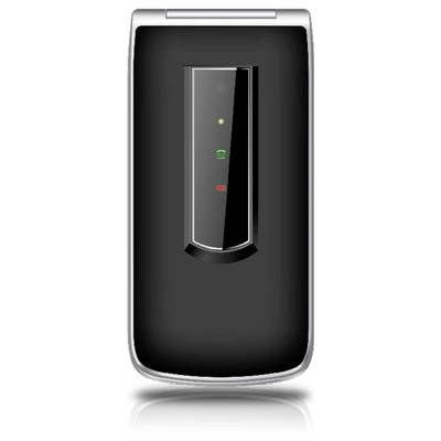 Vue de face d'un téléphone mobile noir et argenté avec un petit écran central étroit et de petites icônes d'état.
