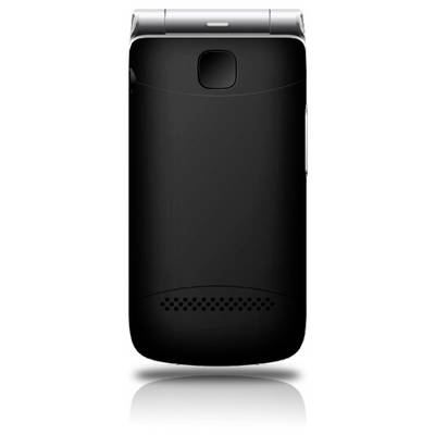 Arrière d'un téléphone à clapet noir avec une charnière supérieure argentée, une lentille de caméra près du haut et des trous de haut-parleur près du bas.