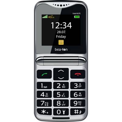 Un téléphone mobile pliable argenté montré ouvert, avec l'écran affichant 12:34, 28.07., vendredi, et le clavier visible en dessous.