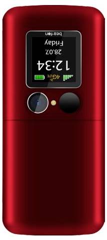 Appareil électronique portatif rouge avec petit écran affichant « 12:34 », icônes de batterie et de signal, et deux boutons ronds en dessous.