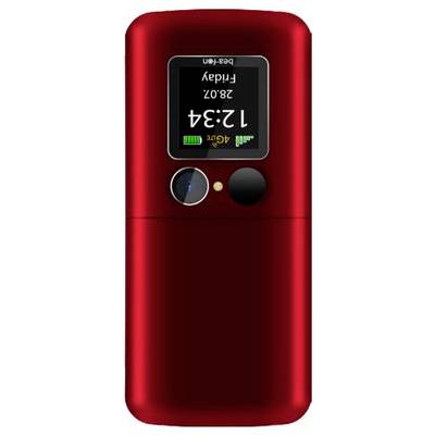 Appareil électronique portatif rouge avec petit écran affichant « 12:34 », icônes de batterie et de signal, et deux boutons ronds en dessous.