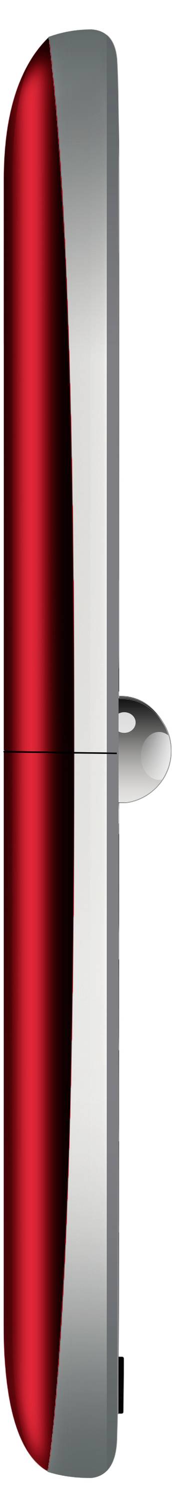 Vue rapprochée de profil d'un smartphone rouge et argenté, montrant son profil élancé et son bouton latéral.