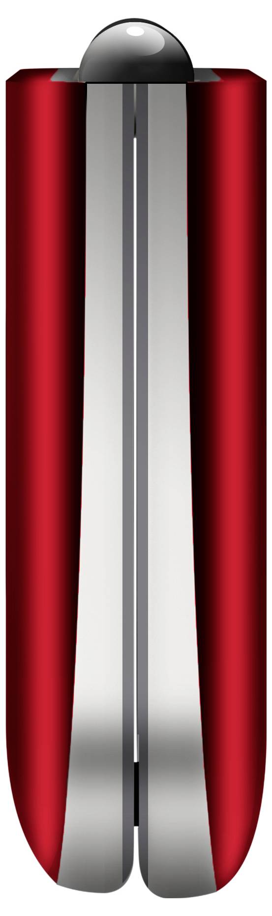 Objet cylindrique rouge avec une couture centrale verticale et un sommet noir bombé, ressemblant à une capsule ou un conteneur brillant.