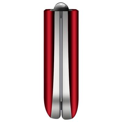 Objet cylindrique rouge avec une couture centrale verticale et un sommet noir bombé, ressemblant à une capsule ou un conteneur brillant.