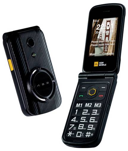 Deux vues d'un téléphone portable à clapet noir, ouvert pour montrer le clavier et l'écran, avec l'arrière présentant un module/appareil photo circulaire et un bouton latéral orange.