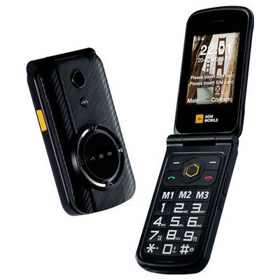 Deux vues d'un téléphone portable à clapet noir, ouvert pour montrer le clavier et l'écran, avec l'arrière présentant un module/appareil photo circulaire et un bouton latéral orange.