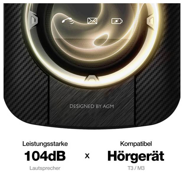 Gros plan d'un haut-parleur affichant « 104dB » et « Compatible avec appareil auditif T3/M3 » en allemand.