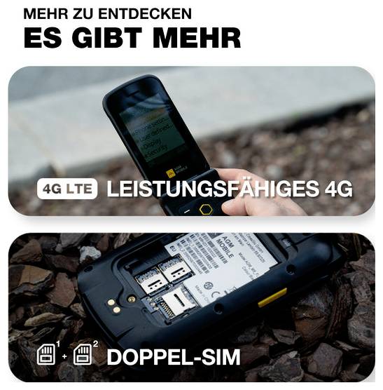 Graphique promotionnel en français pour téléphones robustes :<br>« IL Y A PLUS », « 4G LTE PERFORMANCE 4G PUISSANTE », et « DOUBLE SIM » avec deux photos de téléphones.