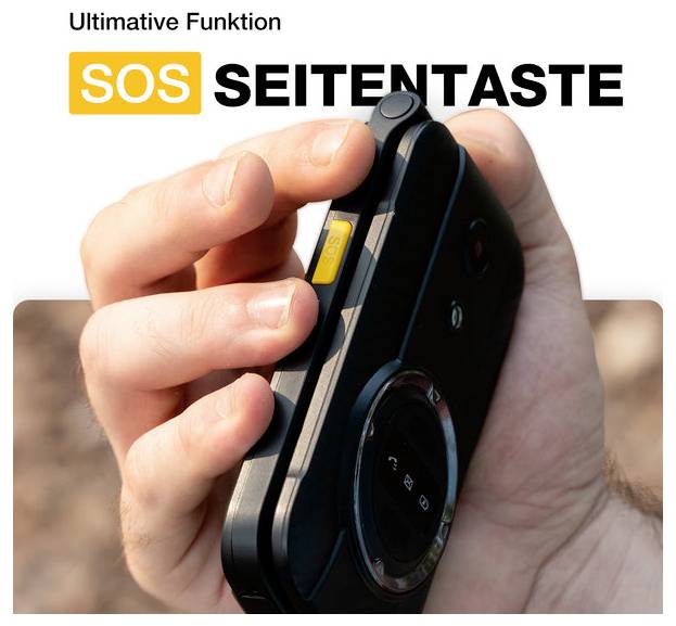 Main tenant un smartphone avec un bouton latéral jaune proéminent « SOS », étiqueté « Fonction ultime » et « TOUCHE LATÉRALE SOS ».