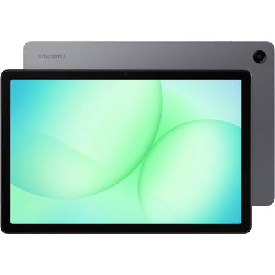 Tablette Samsung présentée de face et de dos, avec un affichage abstrait bleu-vert sur la face avant et une caméra arrière en haut à droite.