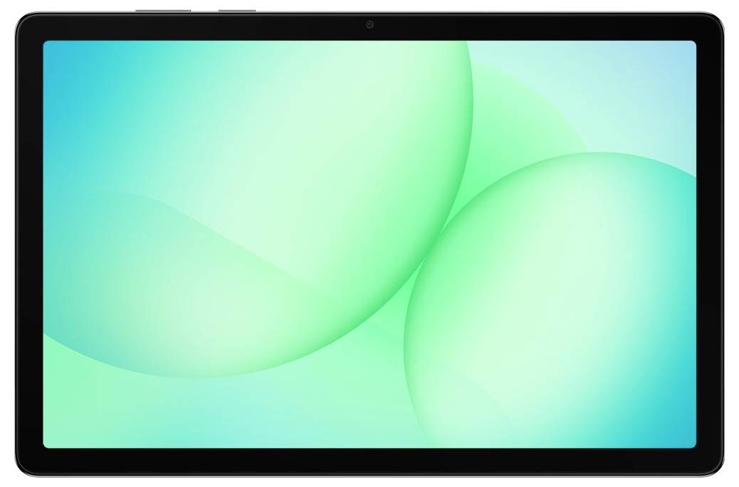Une tablette avec une bordure noire affiche un fond d'écran abstrait de couleur bleu-vert et vert menthe avec des formes ovales douces qui se chevauchent.