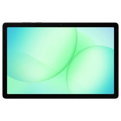 Une tablette avec une bordure noire affiche un fond d'écran abstrait de couleur bleu-vert et vert menthe avec des formes ovales douces qui se chevauchent.