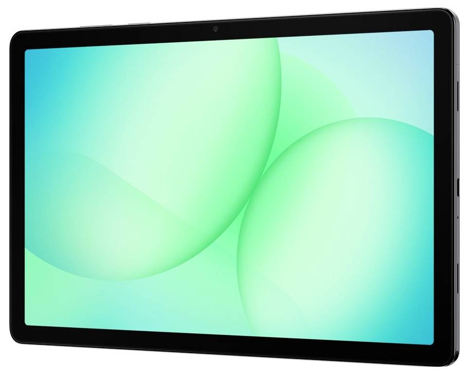 Tablette noire avec un fond d'écran abstrait turquoise brillant, présentée en angle sur un fond blanc.