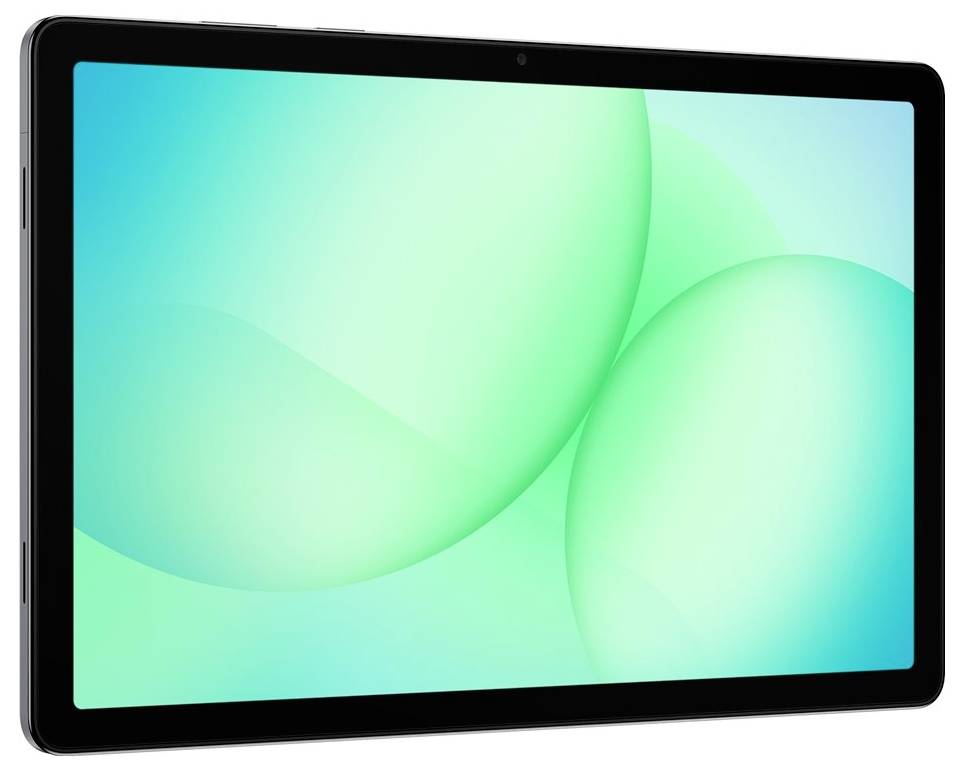 Tablette informatique noire affichée en orientation paysage avec un fond d'écran abstrait turquoise brillant sur l'écran.