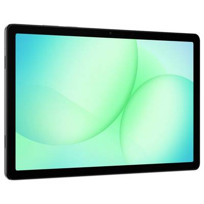 Tablette informatique noire affichée en orientation paysage avec un fond d'écran abstrait turquoise brillant sur l'écran.