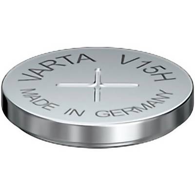 Pile bouton en argent étiquetée « VARTA V15H » et « FABRIQUÉ EN ALLEMAGNE » avec un signe plus sur le dessus