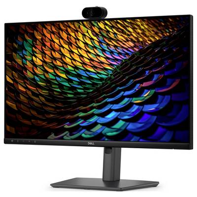 Moniteur de bureau Dell avec webcam intégrée affichant un motif abstrait coloré ressemblant à des écailles sur l'écran.