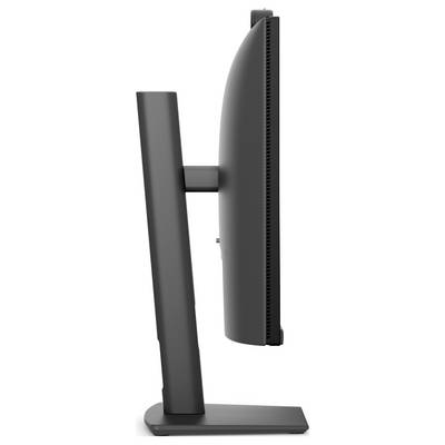 Vue latérale d'un moniteur d'ordinateur noir sur un support rectangulaire, montrant le panneau d'affichage mince et le bras de support réglable.