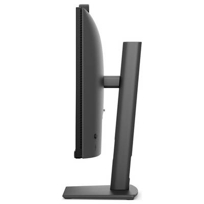 Vue latérale d'un moniteur de bureau noir sur un support rectangulaire, montrant l'écran, le profil mince et le bras de support ajustable.