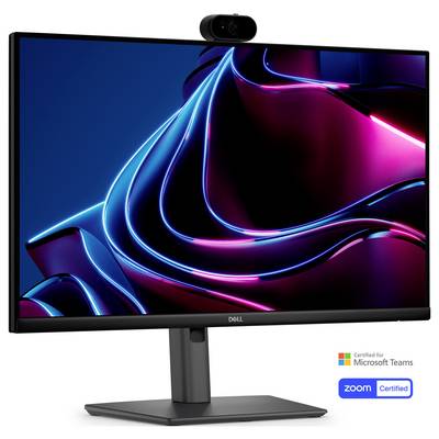 Moniteur Dell avec webcam intégrée affichant des traînées de lumière abstraites bleues et roses, avec des badges de certification Microsoft Teams et Zoom