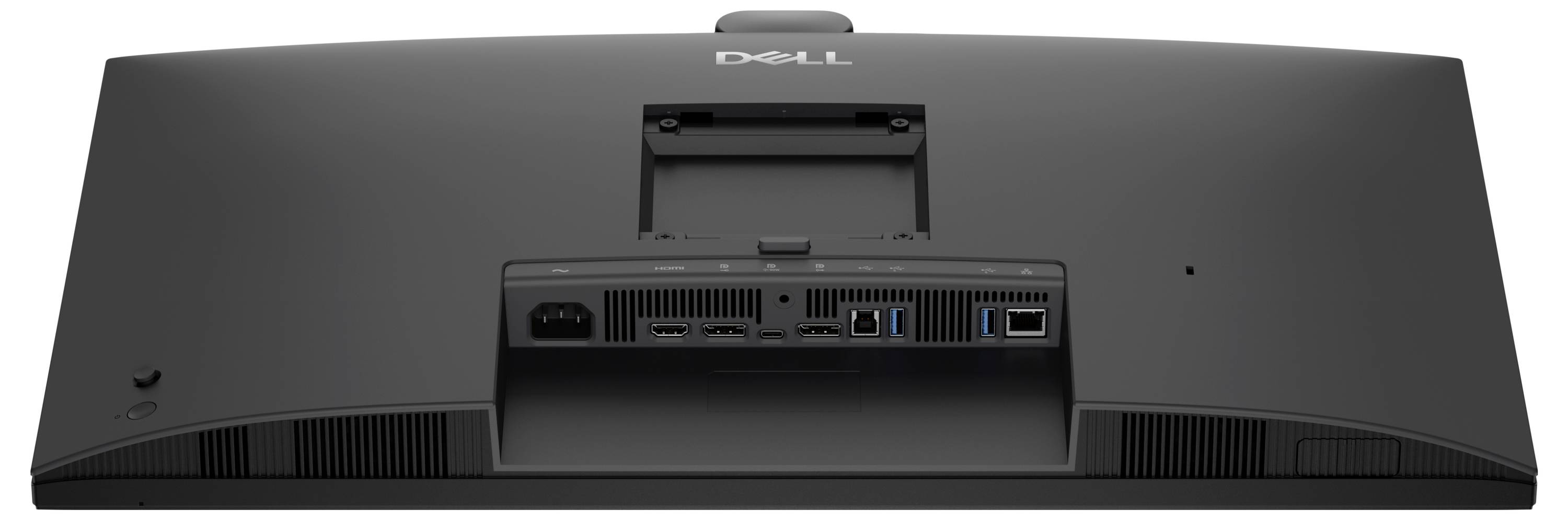 Vue arrière d'un moniteur de bureau tout-en-un Dell avec ports intégrés et aération sur un support noir.