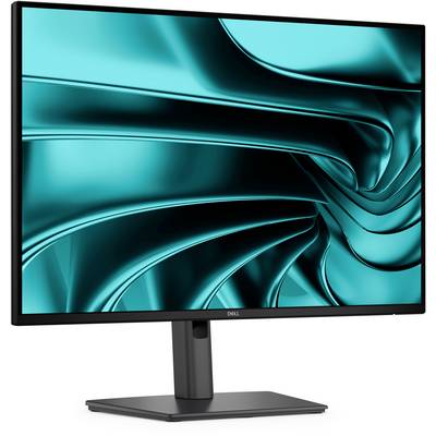 Un moniteur de bureau Dell affichant un fond d'écran abstrait ressemblant à des vagues en teinte de bleu-vert et noir sur un support devant un fond blanc.