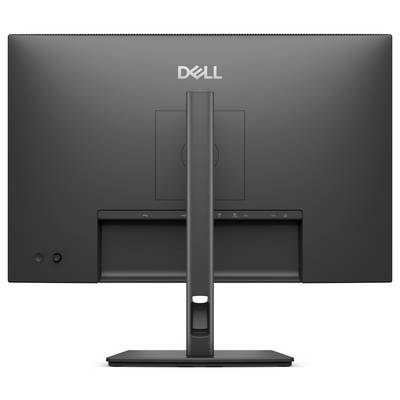 Vue arrière d'un moniteur d'ordinateur Dell sur un support, montrant la colonne de support centralisée et la fente de gestion des câbles.