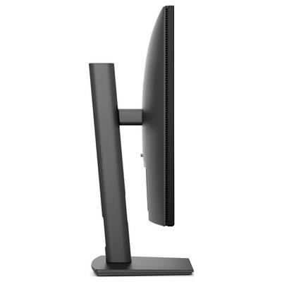 Vue latérale d'un moniteur à écran plat noir sur un support rectangulaire, montrant le profil élancé et le bras de montage ajustable.
