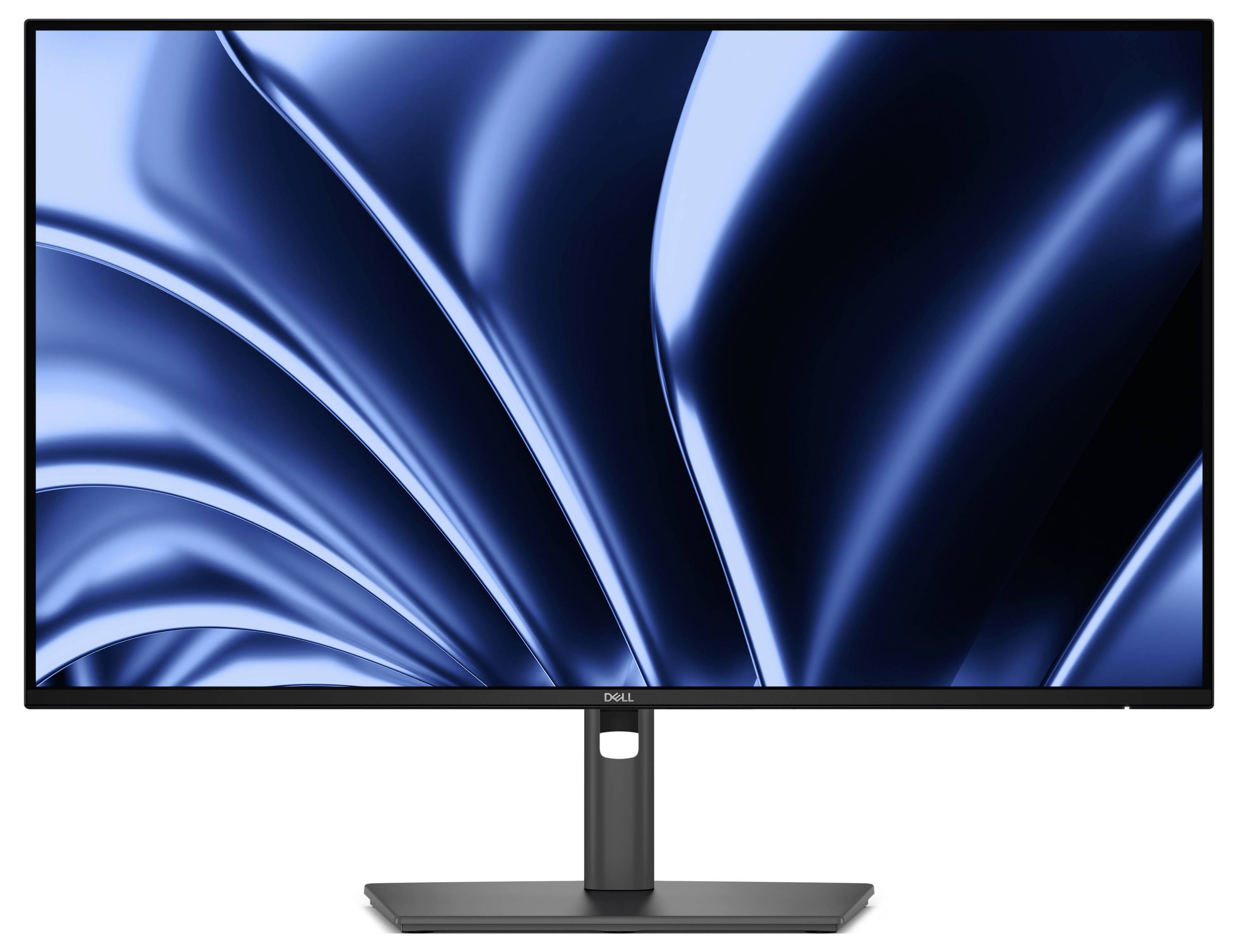 Moniteur informatique Dell noir avec un fond d'écran abstrait bleu sur un socle, présenté sur un fond blanc.