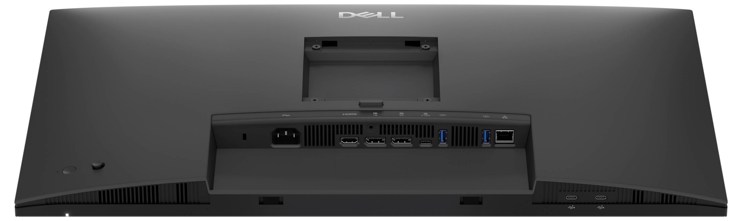 Vue latérale d'un moniteur d'ordinateur noir et fin sur un socle rectangulaire.