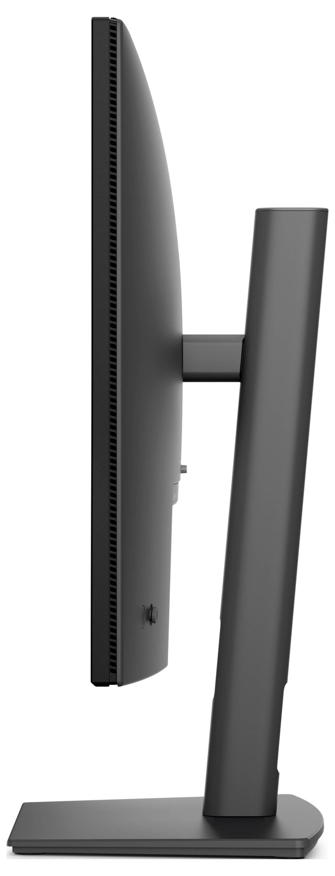 Vue latérale d'un moniteur de bureau noir incurvé sur un support rectangulaire, montrant son profil épuré et son bras de support réglable.