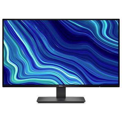 Vue de face d'un moniteur d'ordinateur Dell affichant des motifs abstraits de vagues fluides bleus et sarcelle sur un fond blanc.