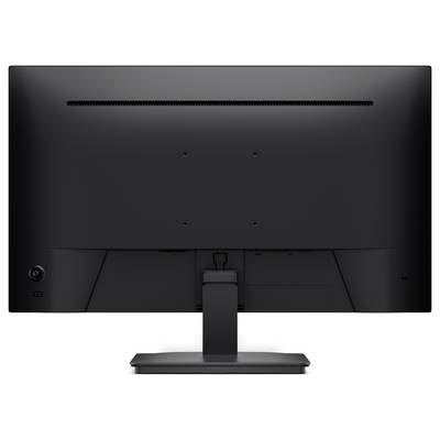 Vue arrière d'un moniteur d'ordinateur noir sur un support, montrant les fentes de ventilation, les ports de câble et la base sur un fond blanc.