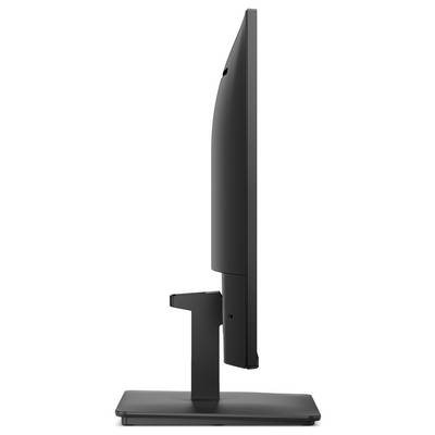 Vue latérale d'un moniteur à écran plat noir sur un socle rectangulaire, montrant le profil fin et le bras de support réglable.