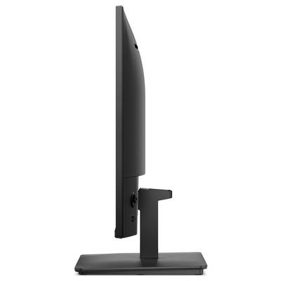 Vue latérale d'un moniteur à écran plat noir sur un socle rectangulaire, montrant le profil mince et le support de montage arrière.