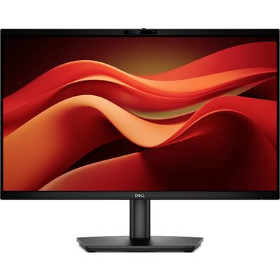 Moniteur Dell noir affichant un fond d'écran avec une vague abstraite rouge sur un fond blanc.