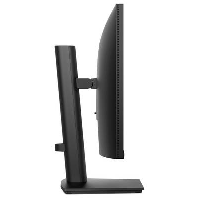Vue latérale d'un moniteur d'ordinateur noir sur un support rectangulaire, montrant le bras réglable et le profil d'affichage fin.