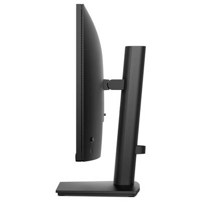 Vue latérale d'un moniteur de bureau noir sur un support rectangulaire, montrant l'écran fin incurvé et le bras de support arrière réglable.
