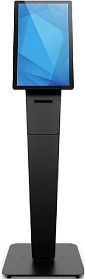 Un kiosque numérique autonome noir ou un présentoir avec écran vertical haute sur une base rectangulaire.