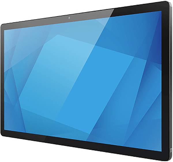 Tablette informatique noire présentée sous un angle avec un écran géométrique bleu sur un fond blanc.