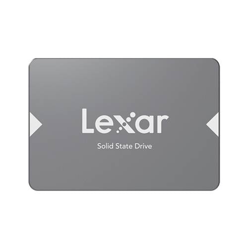 Disque SSD Lexar présenté de face, SSD rectangulaire gris avec le logo Lexar centré.