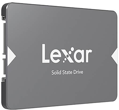 Disque SSD Lexar gris présenté dans une photo de produit, avec le logo et le texte « Solid State Drive » sur la face avant.