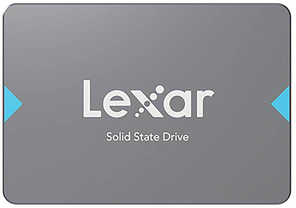 Disque SSD Lexar gris avec logo et texte « Solid State Drive » centré sur l'étiquette.