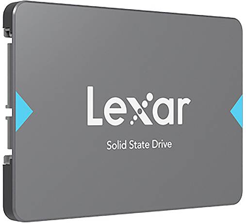 Lecteur à état solide Lexar, SSD rectangulaire gris montré en perspective avec des accents de flèche bleue.