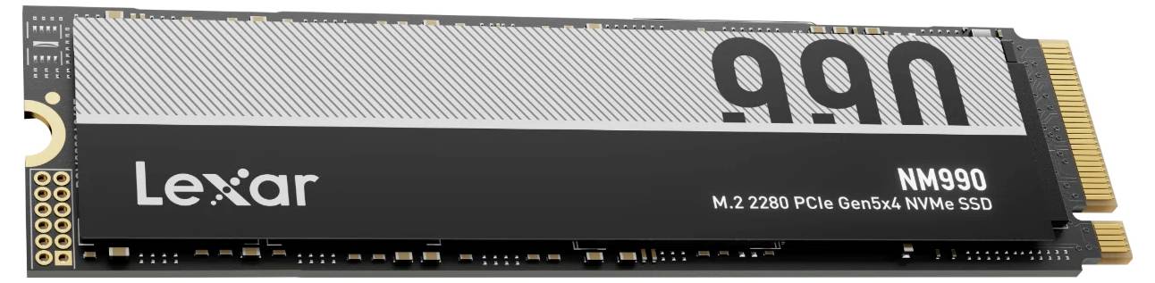 Module SSD NVMe Lexar NM990 M.2 2280 PCIe Gen5 x4 présenté en noir et argent avec connecteur doré sur le bord.