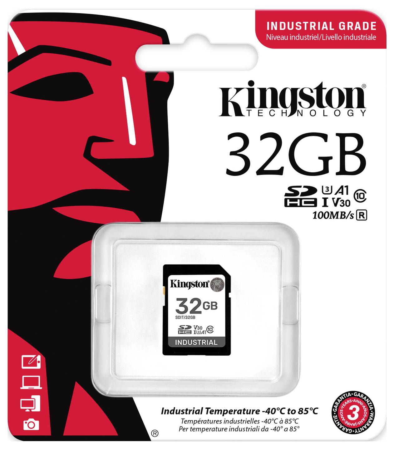 Emballage pour carte SD industrielle Kingston 32 Go, montrant la carte dans un étui transparent et les étiquettes pour SDHC UHS-I, 100 Mo/s et -40°C à 85°C.