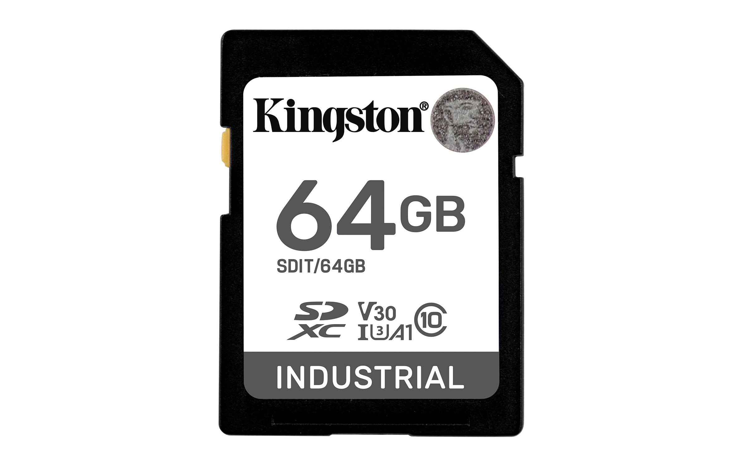 Carte mémoire SDXC industrielle Kingston 64 Go, étiquetée « 64 Go » et « V30 U3 A1 » sur une carte noire.