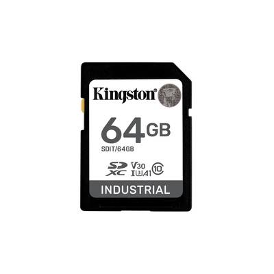 Carte mémoire SDXC industrielle Kingston 64 Go, étiquetée « 64 Go » et « V30 U3 A1 » sur une carte noire.