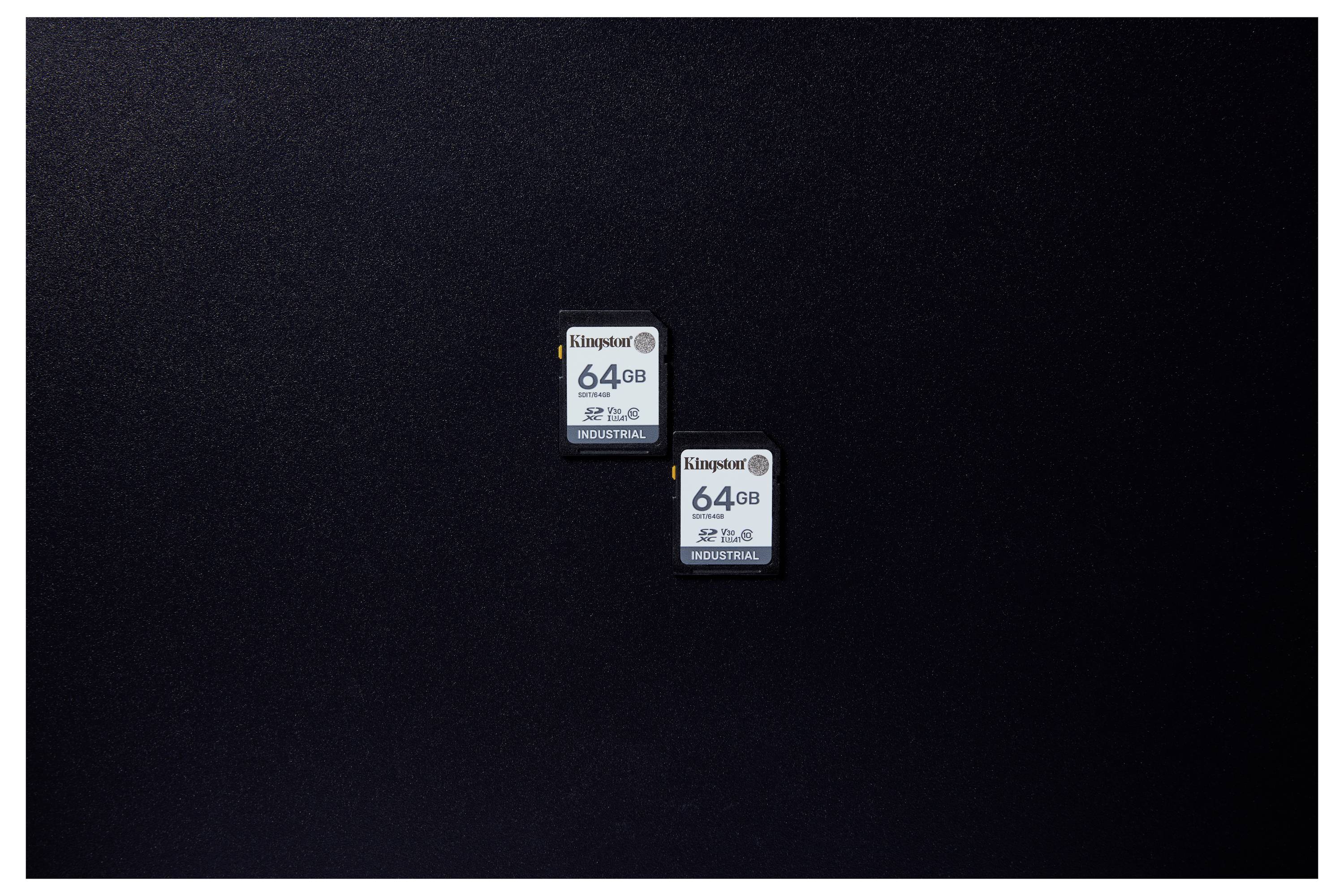 Deux cartes mémoire SD Kingston 64 Go sur un fond sombre, l'une au-dessus de l'autre.