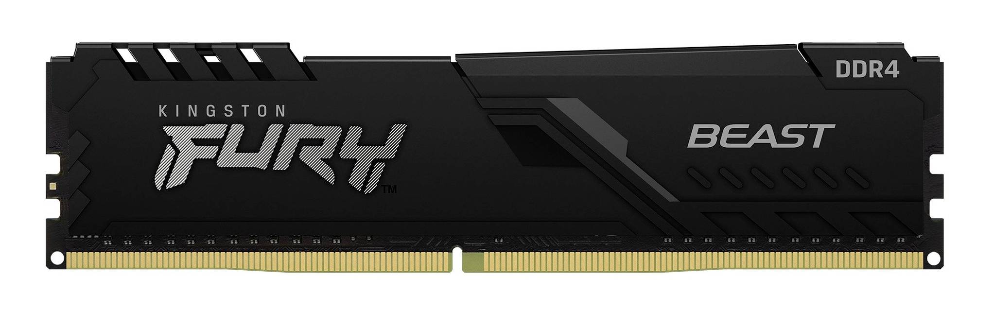 Un module RAM DDR4 de bureau Kingston FURY Beast noir avec des broches de connecteur dorées.